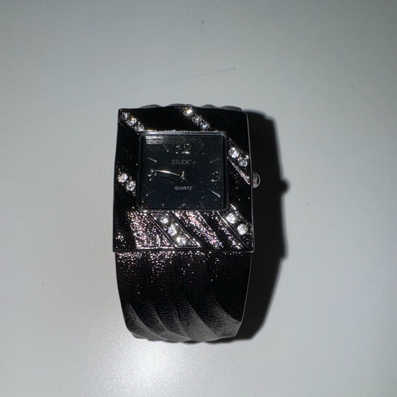 Studio Quartz Black Silver Cuff Watch | Rhinestones Textured Bracelet Band - Picture 6 of 6